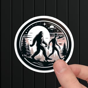 Bigfoot and Alien Vinyl Sticker: Cryptid Conspiracy Art
