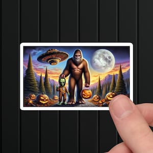 Bigfoot Alien Halloween Sticker: UFO Trick or Treat, Glossy Vinyl