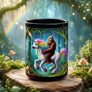 Bigfoot Riding Unicorn Mug, Sasquatch Coffee Cup, 15oz Funny Cryptid Fantasy Drinkware
