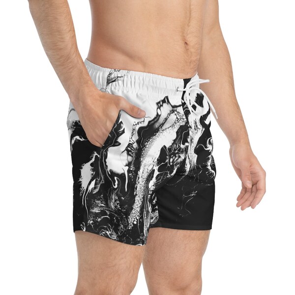 Men's Modest Swim Shorts - S2355 Abstract Stripes Black
