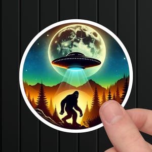 Bigfoot UFO Abduction Sticker: Retro Sci-Fi Cryptid Art
