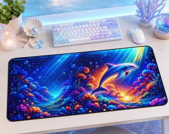 Vibrant Dolphin Desk Mat, Ocean Coral Reef Mouse Pad, Marine Life Office Decor