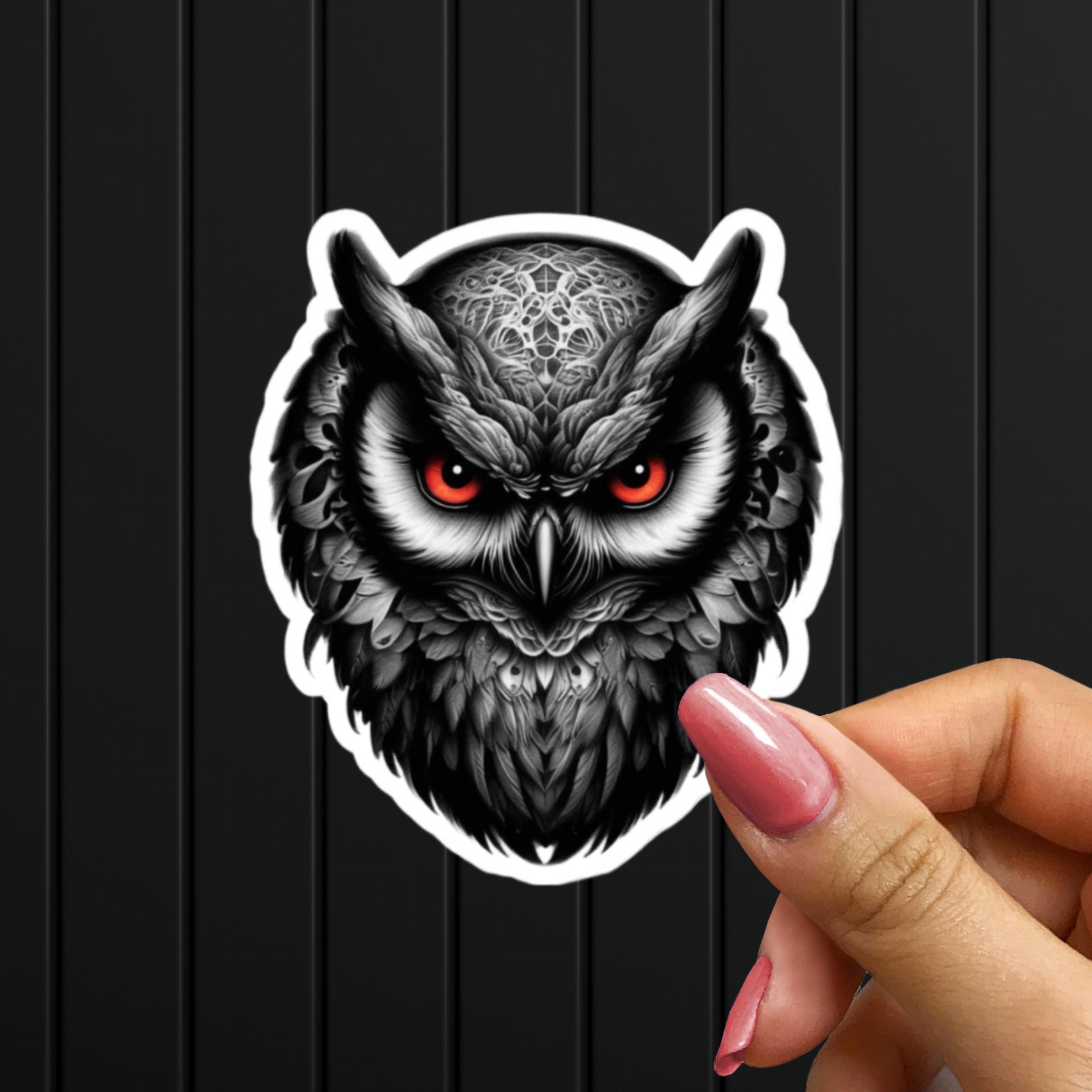 Gothic Owl Sticker, Black and White Owl Vinyl Decal, Mysterious Nocturnal Animal Sticker