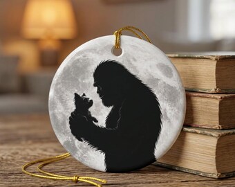 Bigfoot Holding Puppy Ceramic Ornament, Full Moon Sasquatch Dog Lover Keepsake