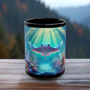 Stingray Coffee Mug: Ocean Scene Black Ceramic Cup (15oz)