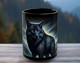 Medieval Black Dire Wolf Coffee Mug: Norse Viking Wolf Gift