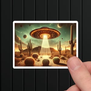 Desert UFO Sticker: Retro Sci-Fi Alien Abduction Art