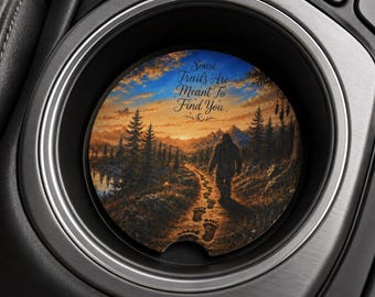 Bigfoot Car Coaster, Absorbent Soapstone Cup Holder Insert, Sunset Forest Trail Quote Design