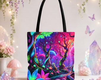 Psychedelic Forest Tote Bag, Trippy Mushroom Art, Fantasy Woodland Accessory