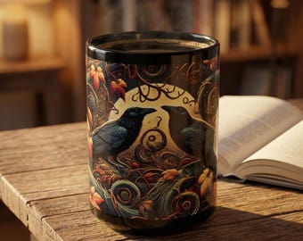 Dark Raven Cozy Autumn Mug, Medieval Crow Coffee Cup, 15oz Fall Kitchen Drinkware