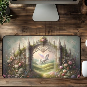 Enchanted Unicorn Desk Mat, Fantasy Castlecore Aesthetic with Floral Archway, Pastel Unicorn Art, Large Mouse Pad for Office or Gaming