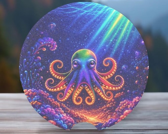 Octopus Car Coaster, Absorbent Soapstone Cup Holder Insert, Colorful Ocean Fantasy Sea Life Design