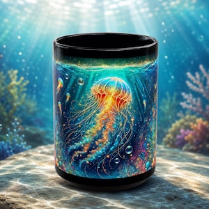 Jellyfish Mug, Ocean Coffee Cup, 15oz Sea Life Drinkware, Underwater Art