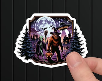 Bigfoot & Alien Halloween Sticker: Spooky Cryptid Art