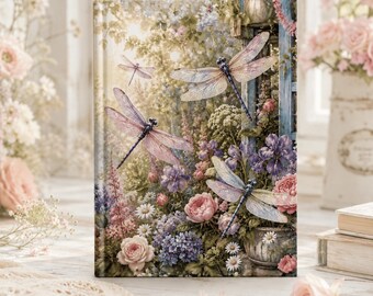 Dragonfly Floral Garden Journal, Botanical Nature Diary, Cottagecore Hardcover Notebook