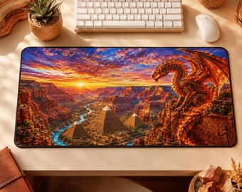 Grand Canyon Dragon Desk Mat, Fantasy Pyramid Gaming Mouse Pad, Ancient Civilization Sunset