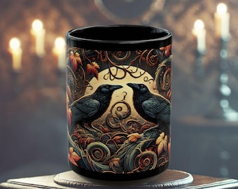 Gothic Crow Coffee Mug: Dark Cottagecore Black Ceramic Mug (15oz)
