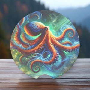 May include: A colorful octopus with swirling blue and green tentacles against a dark blue background. The octopus is orange and red with blue highlights.