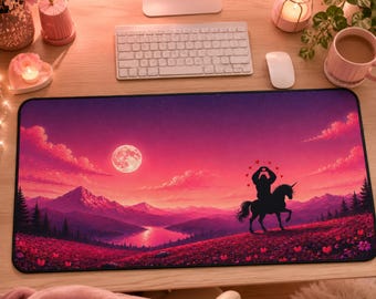 Funny Bigfoot Unicorn Desk Mat, Sasquatch Mouse Pad, Pink Fantasy Office Decor