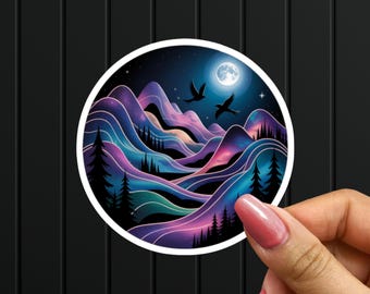 Cosmic Mountain Sticker: Moonlit Galaxy Landscape Decal, Night Sky Art Vinyl