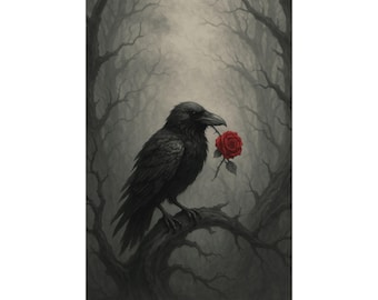 Gothic Raven & Red Rose Wall Print: Dark Academia Decor