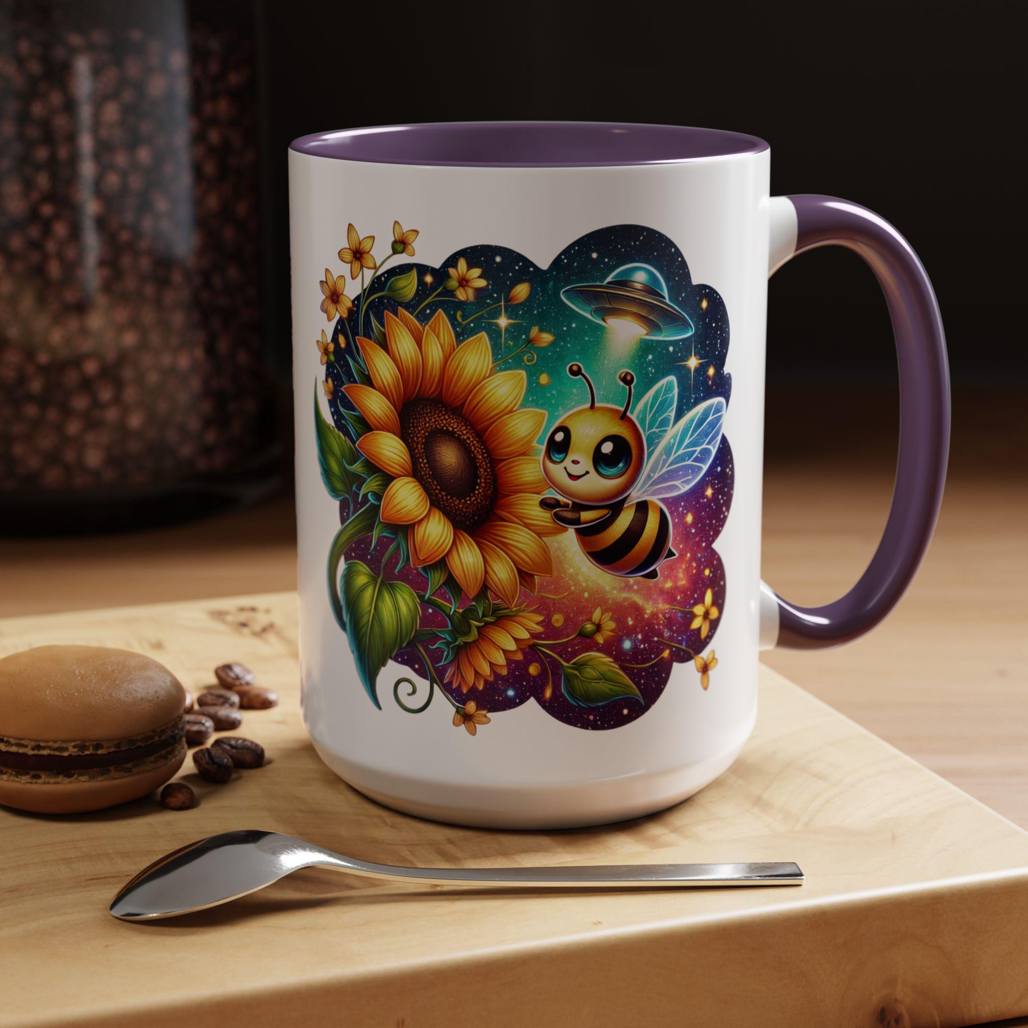 Alien Bee Mug: Kawaii UFO Honeybee with Sunflower and Cosmic Garden Vibes