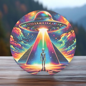 May include: A colorful psychedelic art print of a UFO hovering over a pyramid with a grey alien standing in the middle of a beam of light.
