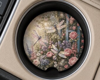 Dragonfly Garden Soapstone Car Coaster, Cottagecore Pastel Floral Car Accessory