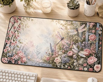 Dragonfly Desk Mat, Botanical Rose Garden Mouse Pad, Cottagecore Office Decor
