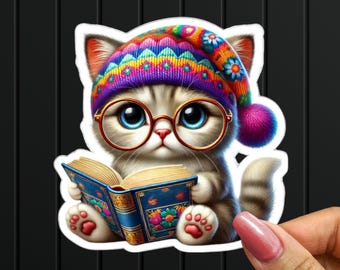 Bookish Cat Sticker, Kitten with Beanie, Cozy Art Decal