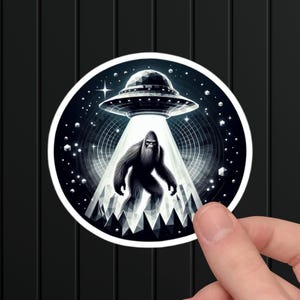 Bigfoot Abduction Vinyl Sticker: UFO Sasquatch Cryptid Art