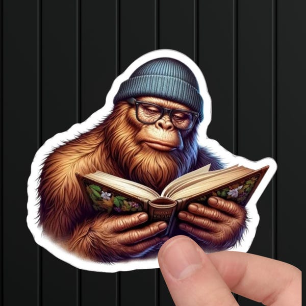 Bigfoot Bookworm Sticker: Hipster Sasquatch Reading
