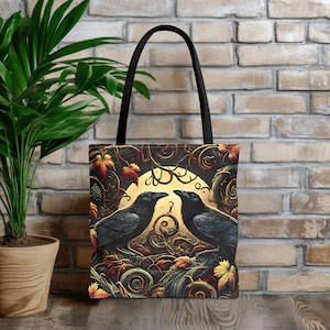 Gothic Crow Tote Bag - Black Bird Goth Handbag, Spooky Medieval Gothic Shoulder Bag, Witchy Crow Tote Purse, Occult Dark Aesthetic
