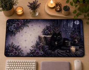 Black Cat Desk Mat, Whimsigoth Floral Office Decor, Dark Cottagecore Pad
