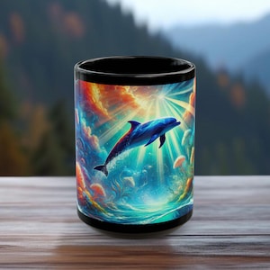 May include: A black ceramic coffee mug with a colorful image of a dolphin leaping out of the water. The background is a vibrant blue and orange with clouds and sunbeams.