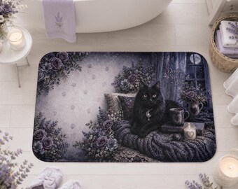 Black Cat Bath Mat, Whimsigoth Floral Maine Coon Bathroom Rug, Non Slip Memory Foam
