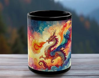 Fiery Dragon Coffee Mug: Whimsical Fantasy Art, Black Ceramic (15oz)
