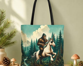 Bigfoot Unicorn Tote Bag, Whimsical Cryptid Canvas Shopping Bag