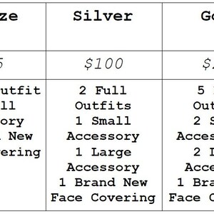 May include: A table showing the different prize tiers for a contest or giveaway. The bronze tier costs $45 and includes one full outfit, one small accessory, and one brand new face covering. The silver tier costs $100 and includes two full outfits, one small accessory, one large accessory, and one brand new face covering. The gold tier costs $200 and includes five full outfits, two small accessories, two large accessories, and one brand new face covering.