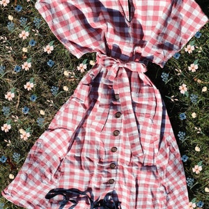 May include: A red and white gingham dress with a v-neck, button front, and a tie belt. The dress is laying on a bed of green grass with small pink and blue flowers.