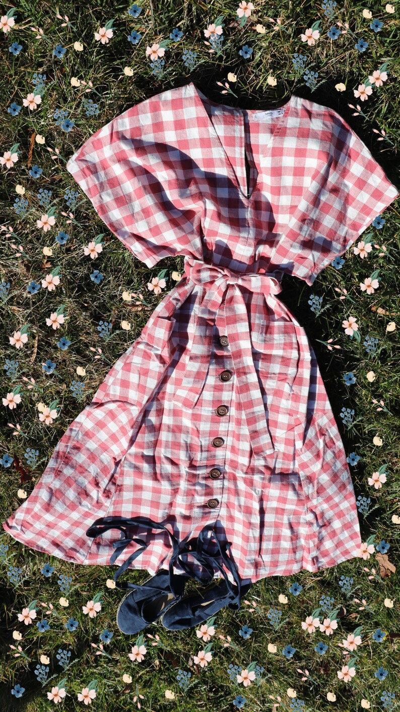 May include: A red and white gingham dress with a v-neck, button front, and a tie belt. The dress is laying on a bed of green grass with small pink and blue flowers.