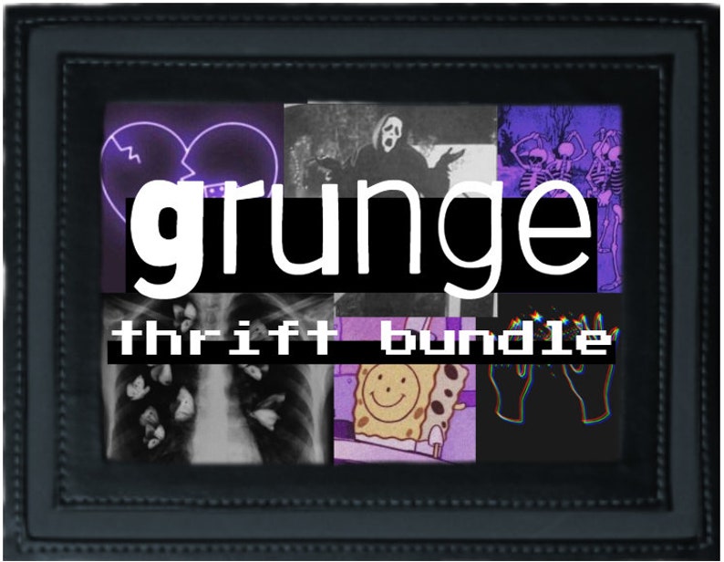 Pode incluir: Uma colagem de imagens em uma moldura preta com o texto "grunge thrift bundle" em branco. As imagens incluem um cora&ccedil;&atilde;o roxo partido, uma figura em uma t&uacute;nica com capuz, esqueletos dan&ccedil;ando, uma radiografia de t&oacute;rax com borboletas, um rosto sorridente de desenho animado e m&atilde;os com linhas brilhantes.