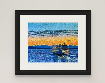 PRINTABLE Seattle Ferry Painting, Pacific Northwest Wall Art, Digital Download Art Print