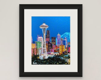 PRINTABLE Space Needle Painting, Pacific Northwest Wall Art, Digital Download Art Print