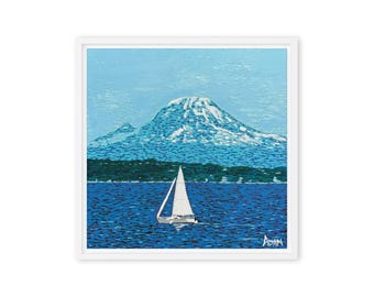 Impresión en lienzo enmarcada de un velero - 40,6 x 40,6 cm - Arte mural del noroeste del Pacífico