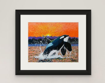 PRINTABLE Orca Sunset Painting, Pacific Northwest Wall Art, Digital Download Art Print