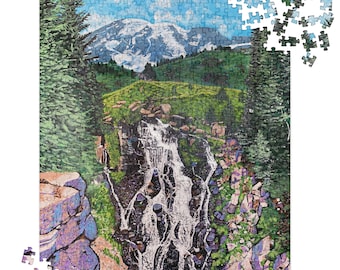 May include: A watercolor painting of a waterfall cascading down a rocky cliffside, surrounded by lush green foliage. A snow-capped mountain peak is visible in the background.