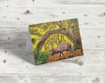 Elk in Hoh Rainforest Greeting Card | Optional Custom Message | Pacific Northwest Art