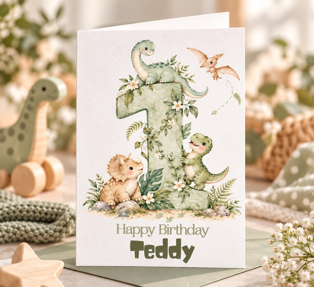 Personalised 1st Birthday Card | Dinosaur Age 1 Birthday Card | Custom Name Dinosaur Card | Boys First Birthday Card