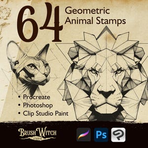 May include: Digital art product with 64 geometric animal stamps. The design features a cat and a lion, both in a polygonal style. The image also lists compatibility with Procreate, Photoshop, and Clip Studio Paint.